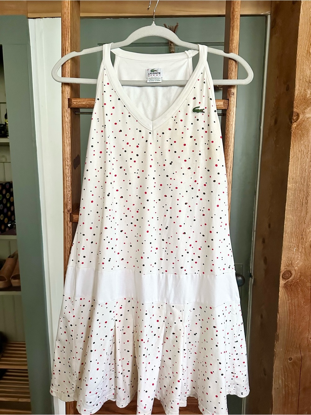 Lacoste White Tennis Dress with Green Crocodile Logo and Red Accent